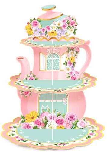 Zopeal Alzatine per Cupcake Floreale a 3 Livelli per Tea Party Supporto Torre per Cupcake Teiera Alzatina per Dolci in Cartone Alzata per Torte a 3 Piani per Baby Shower Compleanno Principessa Nozze