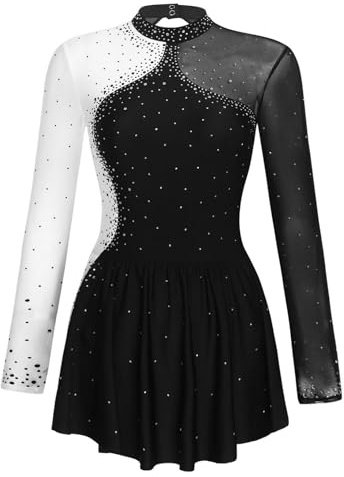 Oyolan Femme Robe Patinage Artistique Strass Manches Longues Justaucorps Gymnastique Danse Tenue Spectacle S-XXL A Noir M