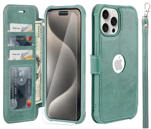 VANAVAGY Wallet Case for iPhone 15 Pro 6.1 Inch,Forest Green | PU Leather Flip Folio,Slim,12ft Drop Protection,RFID Blocking Card Holder,Kickstand,Wrist Strap,Includes Screen Protector
