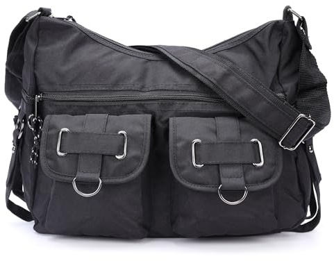 irisaa Damen Schultertasche, Canvas Multifunkionale Umhängetasche, Casual Handtasche mit vielen fächern Unisex, DKB Farbe:Schwarz