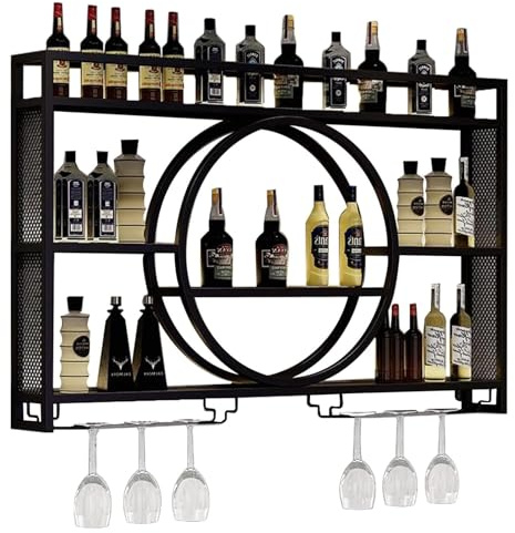 Modern Wine Storage Rack Wall Mounted With LED Light With Wine Glass Holder,Iron Bar Liquor Shelf,Floating Wall Wine Shelves,Bar Liquor Bottle Display Shelf For Kitchen Bar Decoration Gold/Black ( Col