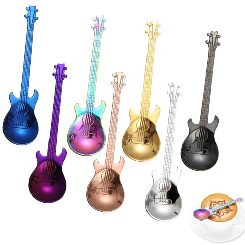 HEITAOZHUANYING Lot de 7 cuillères à café en acier inoxydable motif guitare, cuillères à café musicales, cuillères à dessert colorées, cadeaux musicaux pour homme, jolies cuillères à thé, dessert,