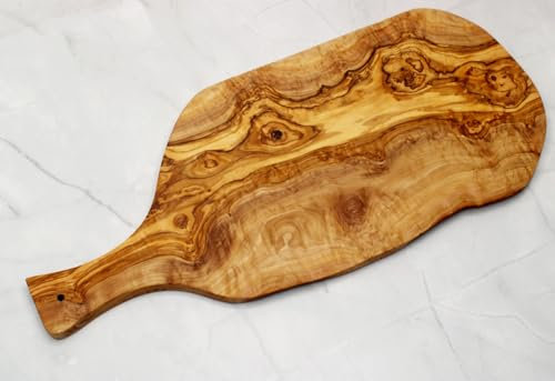 DAGDEG Tabla de cortar de madera de olivo natural, tabla de cortar de carne, tabla de desayuno, tabla de pan, aproximadamente 38-40 cm de largo, 20-23 cm de ancho, hecha a mano (madera de olivo, 52-55