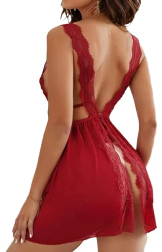KFLY Women Sexy Lingerie Set Babydoll Lace Back Split Nightwear | V Neck See Through Teddy Chemise Sleepwear Babydoll Teddy Nighties with G String