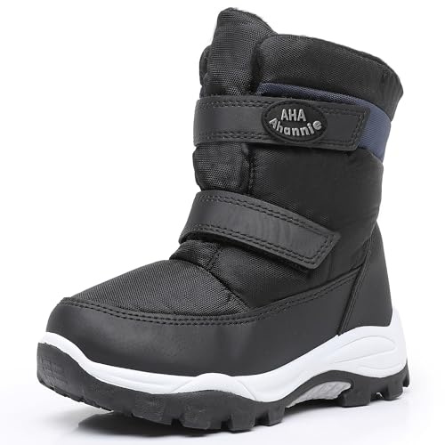 Ahannie Boys Snow Boots Toddler Kids Winter Boots Water Resistant Hook Loop Cold Weather Shoes (Toddler/Little Kid)(Black/Navy-7)
