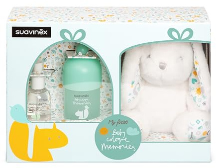 Suavinex, Cadeau Eau de Cologne. Contient Baby Cologne Memories 100 ml + 50 ml Format Voyage + Peluche. Lotion Parfumée pour Bébé et Enfant Faible en Alcool, ne Tache pas les Vêtements
