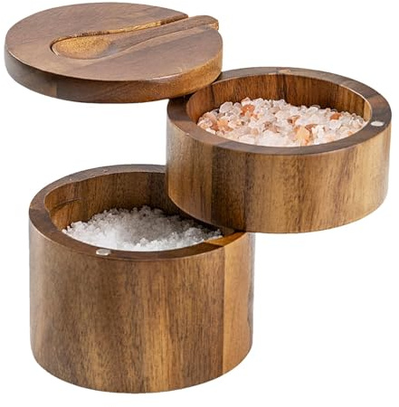 Salero, tapa giratoria de la caja de sal | Caja de almacenamiento de madera de acacia - Salero, salero de cocina, caja de salero y pimentero con doble capa para condimentos de cocina