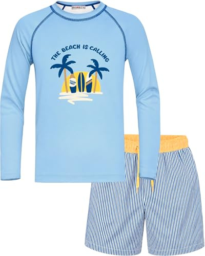 weVSwe Pojkar baddräkt SPF 50+ långa ärmar Rash Guard för pojkar UV-skydd simning tröja och shorts barn, Blåa ränder, 6 år