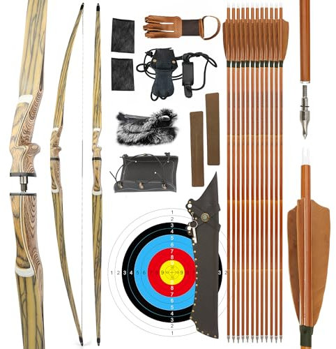 surwolf 20-50 lb Geteilter Langbogen Bogen Bogenschießen Takedown Recurvebogen Traditioneller Recurvebogen Jagdbogen Bogenschießen Bogen und Pfeil RH/LH für Outdoor-Schießen (Bogen Set, 60”-25lb)