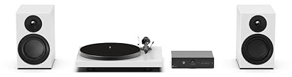 Pro-Ject färgglatt ljudsystem E, äkta analogt HiFi-stereosystem, allt-i-ett Hi-Fi-set inklusive Debut E-skivspelare, stereolåda E integrerad förstärkare och högtalarbox 5E kol (satinvit)