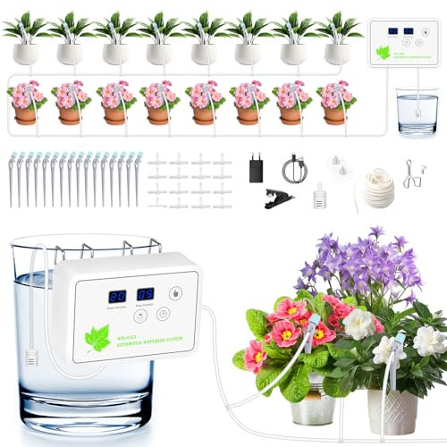 GuKKK - Sistema di irrigazione a goccia automatico per interni, con tubo da 12 m, sistema di irrigazione da giardino auto/manuale/smart mode per balcone, 16 piante in vaso