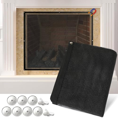 MyLifeUNIT Fireplace Screen Cover, 36 x 30 Magnetic Fireplace Covers with Adhesive Metal Sheets Fit for Any Fireplaces, Black Mesh Fireplace Guard Gate Protector for Living Room