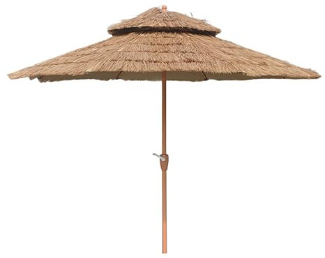 Parasol de Chaume 270cm à Double Toit, Parapluie de Jardin de Style Hawaïen avec Manivelle, Protection UV, Parasol pour Patio, Piscine, Extérieur