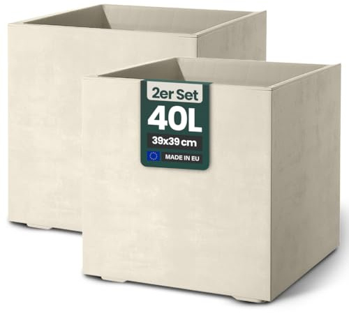 Kreher 2 x XL Pflanzkübel 'Millennium' in verschiedenen Formaten/Farben. Tolle Naturstein Optik in Anthrazit, Grau, Creme Weiß oder Braun! Aus robustem Kunststoff. (Creme Weiß, 2 x 40 Liter Eckig)