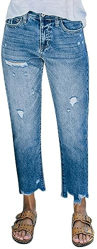 Generisch Jeanshose Damen High Waist 7/8 Denimhose Jeans-Hose Destroyed Zerrissene Denim Hose mit Fransen Elegante Röhrenjeans Knopfleiste Hose mit Taschen Outdoorhose Damenhosen Stretch Jeans