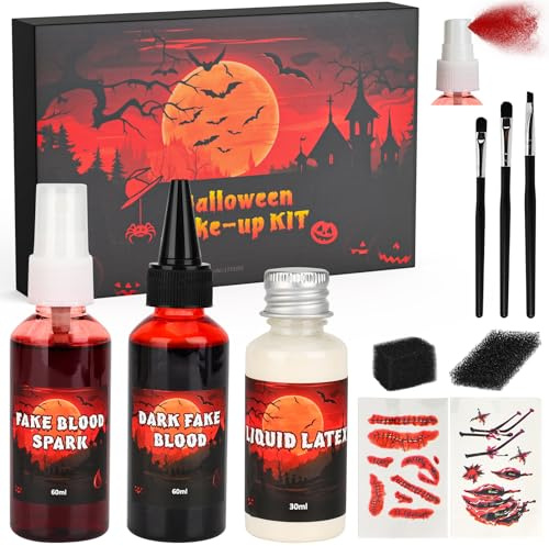 Faux Sang Halloween,Maquillage Halloween Adulte pour Makeup Kit avec Spray Faux Sang,Réaliste Faux Sang,Latex Liquide,Autocollants Cicatrices,Pinceau de Maquillage,Lavable pour Zombie Vampire Cosplay