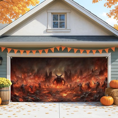 Cubierta gótica para puerta de cochera, decoración roja ardiente de Halloween, decoración espeluznante de otoño para exteriores e interiores para fiesta de Halloween, 157 x 71 pulgadas