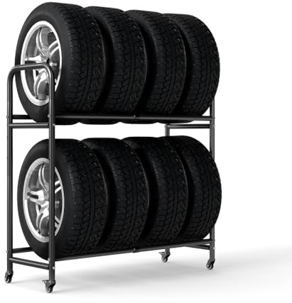 BAOYOUNI Reifenregal mit Räder für 8 Reifen, 2 Ebenen Einstellbarer Reifenständer, Höhenverstellung Lagerregale Platzsparend für Garage Zuhause Keller Werkstatt, (63-108) X 39 X 112cm, Schwarz