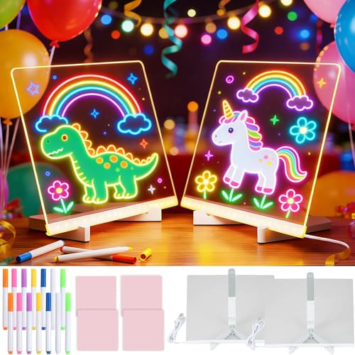 2 Stück Leuchtendes LED Zeichenbrett,LED Notiztafel mit 14 Neon-Stifte und 2 Verstellbarem Ständer,Acryl Schreibtafel,Nachrichtentafel,Transparente Leuchtende Schreibtafel für Geschäfte,Wohnungen
