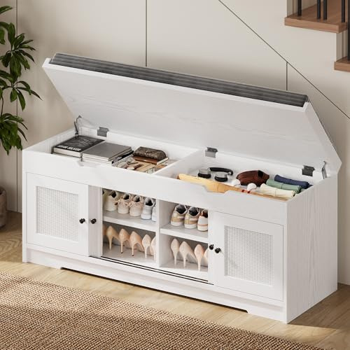 LIKIMIO 47.2 Shoe Bench with Lift Top Storage, Entryway Bench with Cushioned Seat, 2-Tier Rattan Shoe Cabinet with Adjustable Shelf, Storage Bench for Bedroom, Living Room, Hallway, White