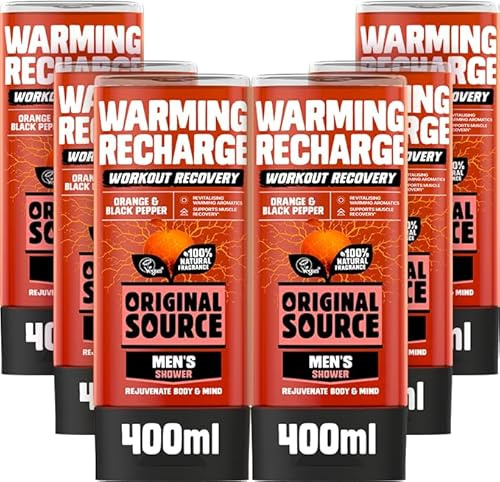 Original källa herr workout rekreation uppvärmningsuppladdning duschgel, parabenfri duschgel för kroppen, 100% naturlig doft, mäns träning, herrduschgel, flerpack 6 x 400 ml