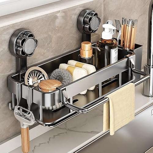 XunHe Spülbecken Organizer - Küchen Spüle Organizer Schwammhalter mit Spülbürstenhalter & Geschirrtuchhalter, Hängend mit Abnehmbarer Tropfschale ohne Bohren für Küchen Arbeitsplatten (Saugnapf)