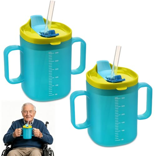 KUWUNG Schnabeltasse Senioren 300ml 2pcs, Duckbill Schnabelbecher Senioren mit 2 Griff, Deckel, Auslaufsicherer Trinkbecher mit Strohhalm Doppeltem Verwendungszweck für Ältere Menschen (Blau)