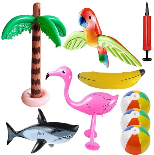 RNPKZ 9 Pack Inflatable Palm Tree Flamingo Shark Parrot Banana Beach Balls Set with Air Pump, Hawaiian Party Decorations, Inflatable Pool Toys, Tropical Party Decorations, Pool Party Inflatables