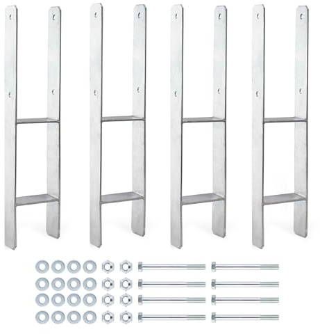 XPOtool Pfostenträger feuerverzinkt 4 Stück 91 x 600 mm, H-Anker aus Carbonstahl, Pfostenanker mit Bohrlöchern M10 x 110, Pfostenschuh mit 2 Verstrebungen