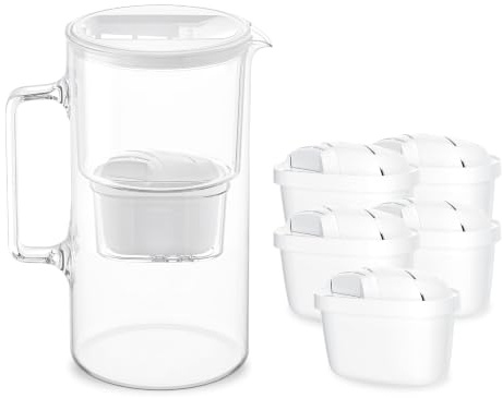 Wessper caraffa filtrante vetro 3 litri, set brocca e 5 filtro - Bianco | borraccia filtrante, filtro carboni attivi acqua, riduce il cloro e i metalli pesanti, senza BPA