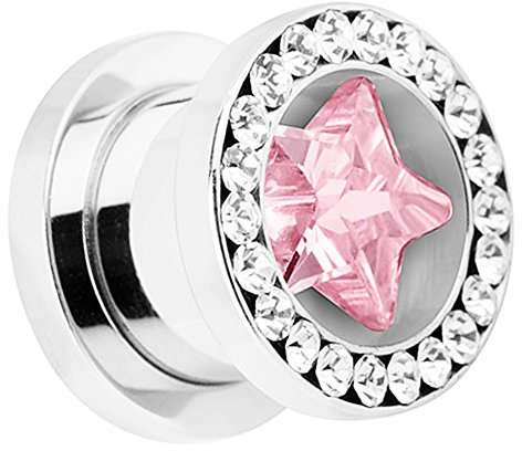 Piersando Flesh Tunnel Ohr Piercing Plug Ohrpiercing Schmuck Schraub Edelstahl mit XXL Stern Inlay aus Kristall Silber 12mm Clear