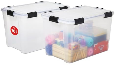 Iris Ohyama, Scatole Portaoggetti Ermetiche in Plastica, 70L, Set di 2, Trasparente, Coperchio Impermeabile, con Chiusura, Impilabile, Per Esterni, Garage, Vestiti, Antipolvere, Senza BPA, AT-LD