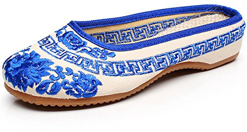 Qhome Womens Chinese Style Embroidery Round Toe Casual Walking Household Canvas Slippers Blue