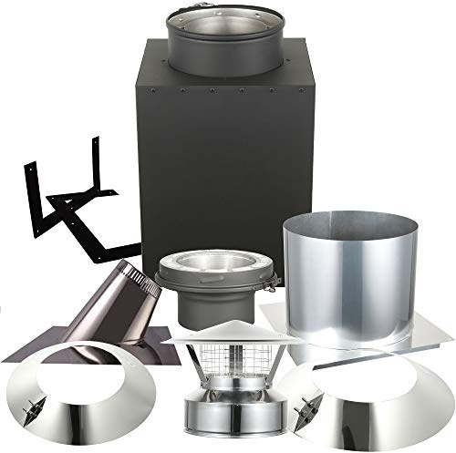 AllFuel HST Through The Attic Kit with Spark Guard Chimney Cap for 6 Diameter 304 Stainless Steel Class-A Double Wall Chimney Pipe (36 Square Ceiling Support Box, 7/12-12/12 Pitch Roof Flashing)