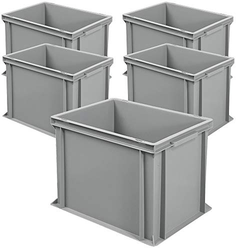 5 conteneurs Euro avec 2 poignées, L 400 x l 300 x H 320 mm, gris, poids 1,9 kg.