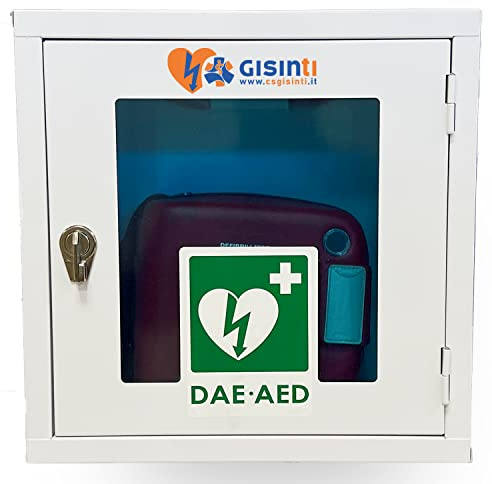 Gisinti Teca per Defibrillatore da Interno Armadietto Metallo Armadietto Per Defibrillatore Con Cartello PVC Istruzioni Defibrillazione 1 Pezzo Colore Bianco (Teca Con Allarme)