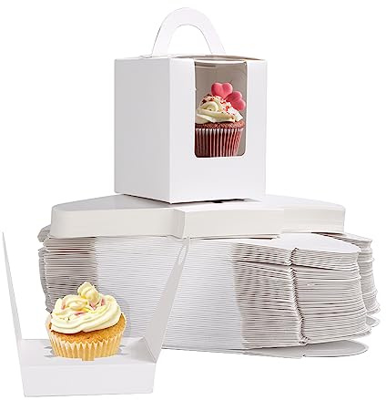 GOYADA Cupcake Box 1er, Cupcake Box mit Fenster und Griff, Weiß, 100 Stück | Einzelne Cupcake-Boxen mit Cupcake Liners für Geburtstag, Weihnachten, Festivals