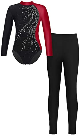 IEFIEL Mädchen Turnanzug Langarm Glitzer Gymnastik Kleidung Set Ballett Trikot Langarmbody mit Lange Hose Kinder Gymnastikanzug