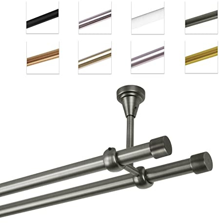 MDEKOR Gardinenstange 320 cm 2-läufig | Vorhangstange für die Deckenmontage Silber Grau aus Metall | Gardinenstangenset Ø 19mm