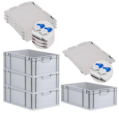 PROREGAL SuperSparSet 4x Eurobox NextGen Economy mit Scharnierdeckel & blauen Verschlüssen | Griffe geschlossen | HxBxT 22x40x60cm | 44 Liter | Eurobehälter Transportbox Transportbehälter