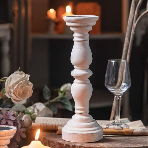 Sintosin Vintage Kerzenständer Stabkerzen Weiß, Rustikaler Kerzenhalter Stumpenkerzen für Tischdeko, Stabkerzenhalter Teelichthalter Holz für Hochzeits Mittelstücke Weihnachtsdekoration