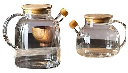 Distributeur d'huile et de vinaigre Distributeur d'huile et de vinaigre, bouteille de vinaigre d'huile en verre avec couvercle et poignée, olive transparente avec couvercle en bois (1,8 L) (1 L) Cuiss