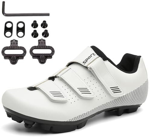 PENXZT MTB Schuhe Herren Fahrradschuhe Mountainbike Schuhe kompatibel mit SPD 2 Schrauben mit Cleats Outdoor-Radschuhe Fahrrad Indoor Schuhe,Weiß,38 EU