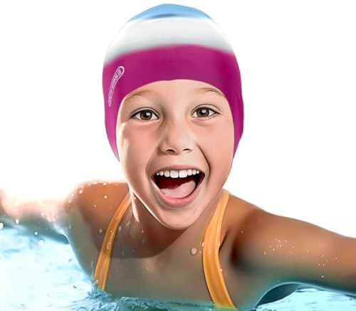 KIDVERSE Badekappe Mädchen Lange Haare 6-9 Jahre - Badekappe Kinder Mädchen mit Anti-Rutsch-Noppen- Badehaube Kinder - UV Schutz Schwimmhaube Kinder reißfest & wasserdicht