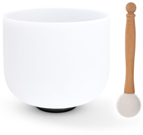 Siceeoly 8 inch F Note White Crystal Singing Bowl Frosted Quartz Heart Chakra Meditation Sound Healing with Suede Striker O-ring