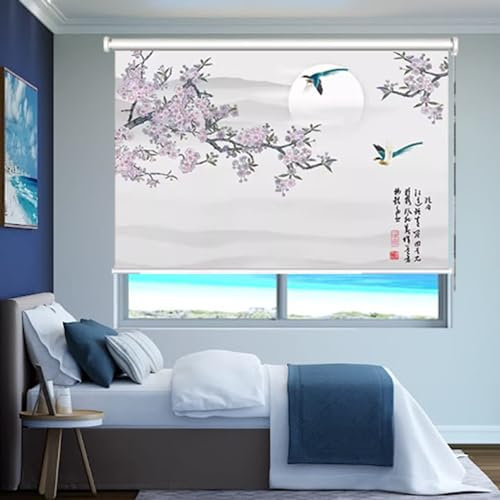 Rollos für Fenster Ohne Bohren Blumen Vögel Gemustert Roller Shades Blackout mit Kabel, Küchenfensterwalzen Nach Oben, 60/70/80/90/100/110/120/130/140 cm Breite (Size : 100cmx160cm/39.4inx63in)