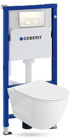 Lavita Duofix Basic Vorwandelement + Wand Tiefspül WC Sinto Grande Weiß Spülrandlos + WC Sitz + Bedienplatte Delta 25 Weißer Knopf Komplettset Unterputz Spülkasten Toilette Komplett Sett WC