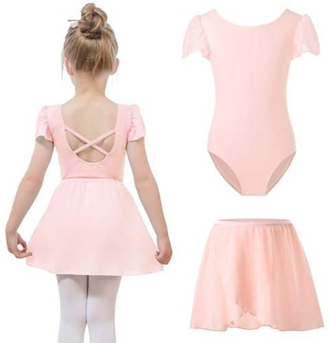 Bezioner Ballettkleidung mädchen mit Abnehmbarem Ballettrock Tanzbody Puffärmel Balette Kleidung Mädchen Ballettanzug Kinder Rosa 140(10-12 Jahre, 140-150 cm)