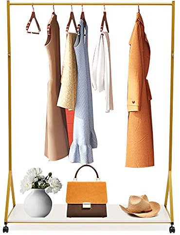 Konfiur Mobil Kleiderständer, Metall Wäscheständer Garderobenständer mit Unterer Ablage Rädern, Brautkleid Display Rack Ständer, Freistehender Kleiderstange für Hängende Kleidung, 120 * 163cm Gold