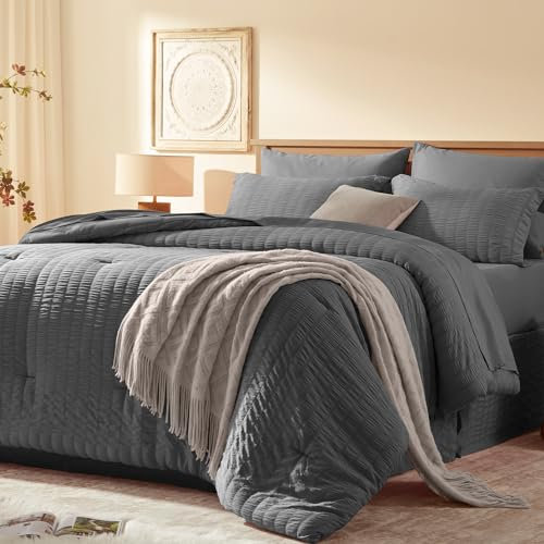 Laojin Balhen Set completo completo di piumone da 8 pezzi, letto in seersucker in una borsa, grigio scuro con lenzuola, set di biancheria da letto con piumone, lenzuola, federa e federa e mantovana